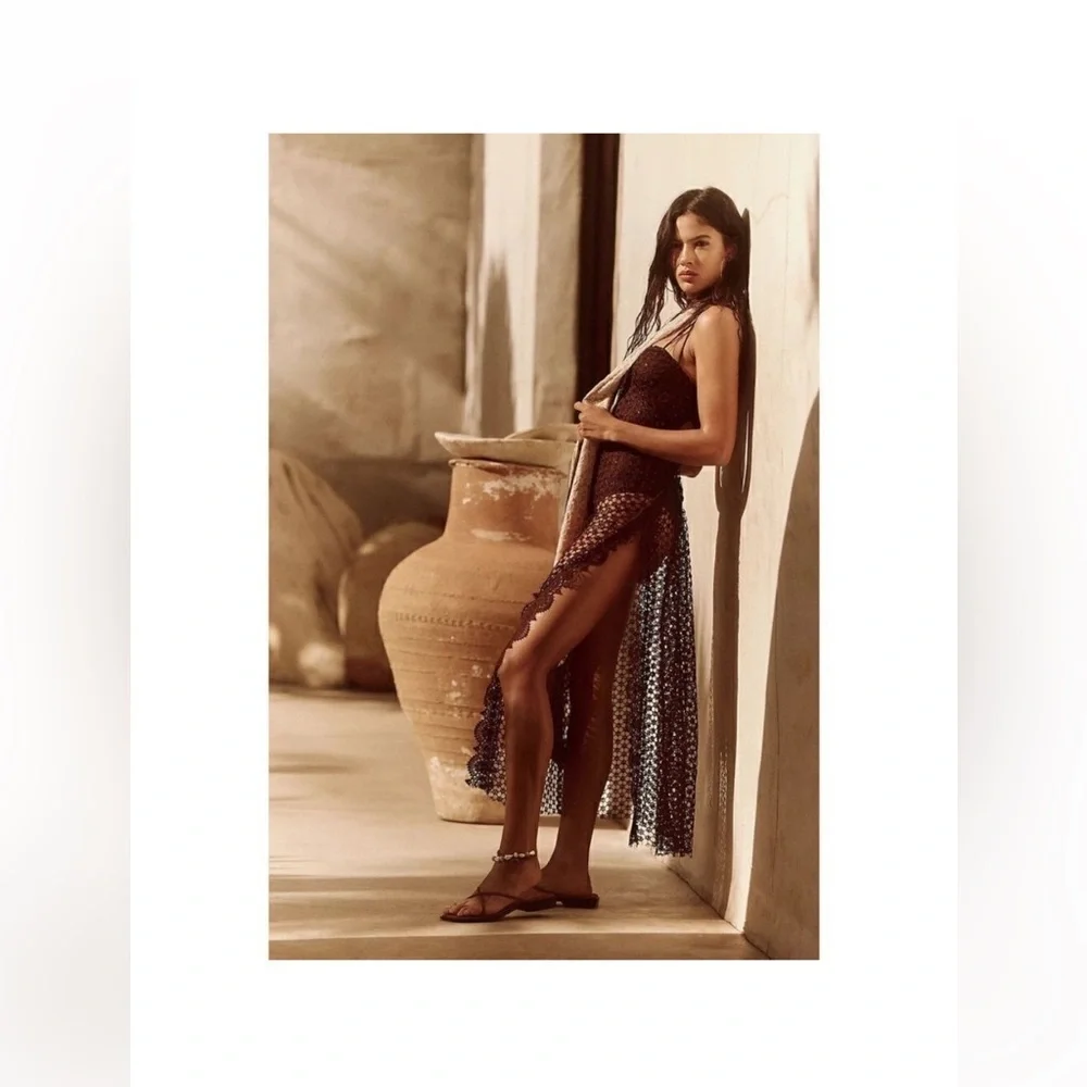 Free People Brown Crochet Asymmetrical Beach Cover Up Dress Boho Resort Small - Picture 9 of 14